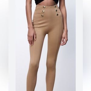 Zara High Waist Tan Elastic Leggings with Gold Buttons